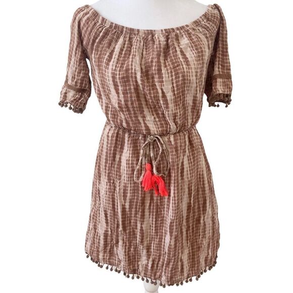DizzyLizzy Tie Dye Off Shoulder Pom Pom Mini Dress Size Small - Picture 1 of 6